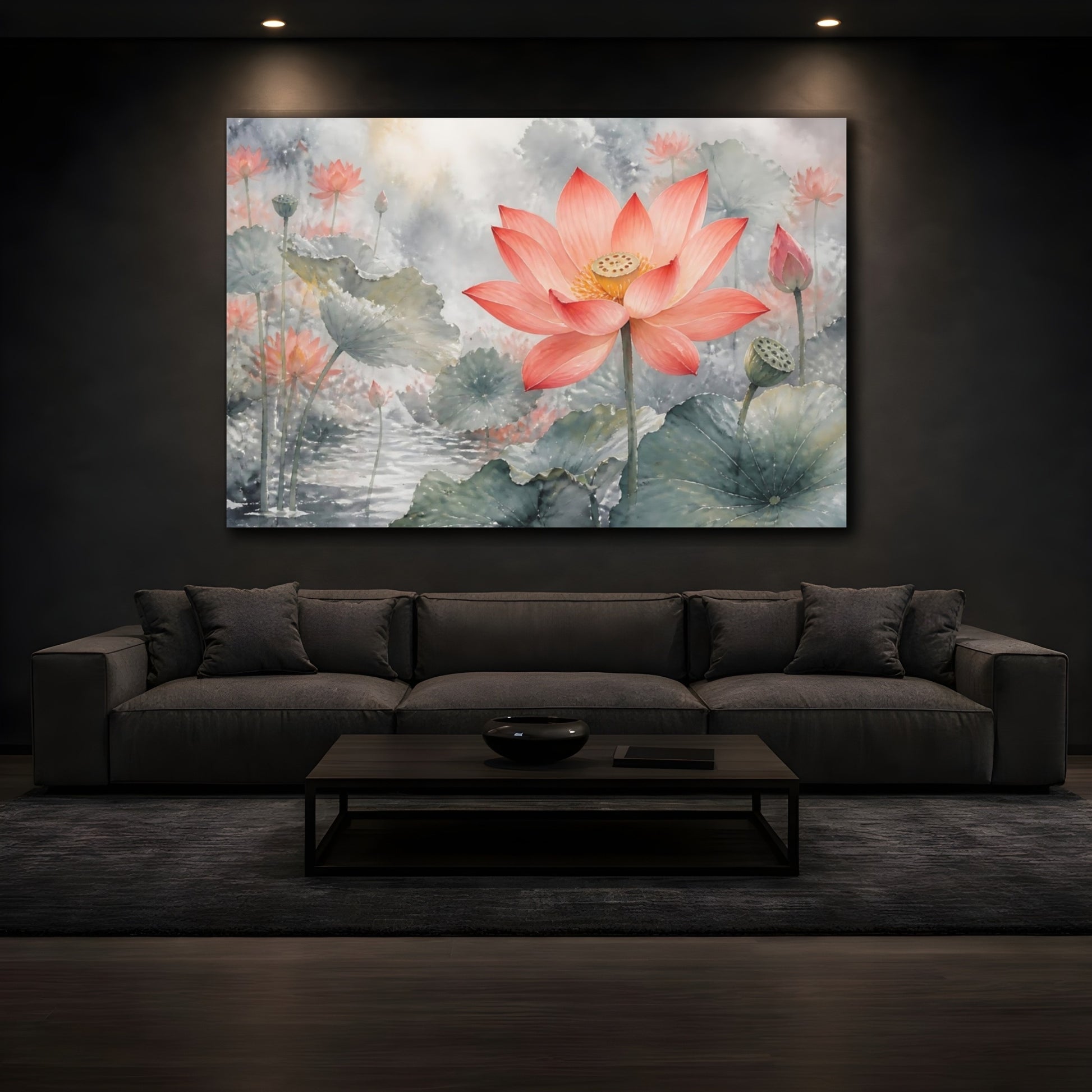 Mockup 3. Floral Lotus Flower Pink Lotus shown as stretched canvas wall art