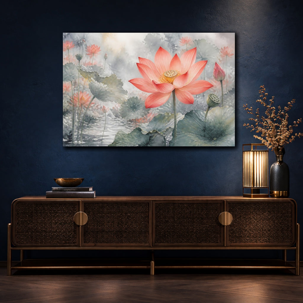 Mockup 4. Floral Lotus Flower Pink Lotus shown as stretched canvas wall art