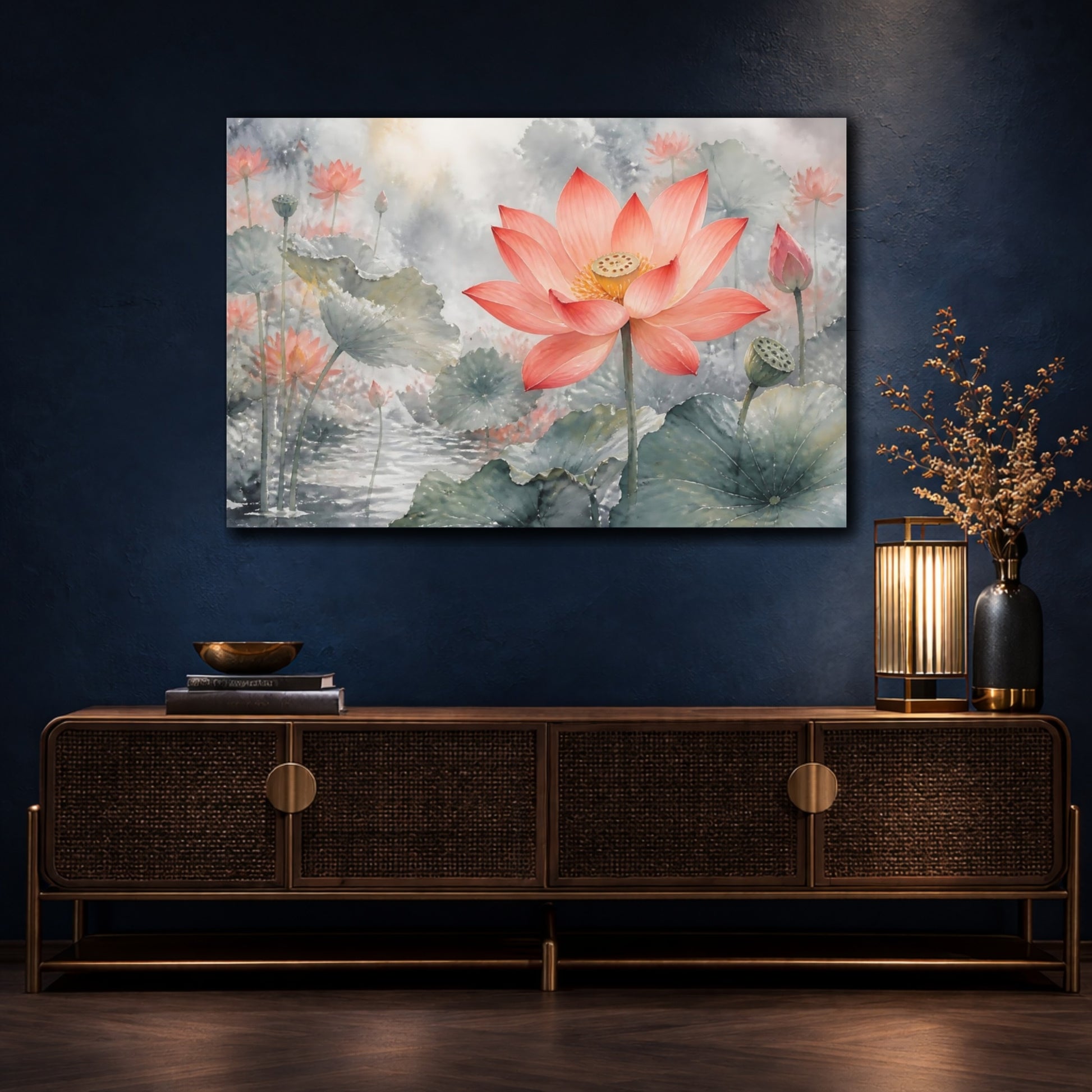 Mockup 4. Floral Lotus Flower Pink Lotus shown as stretched canvas wall art