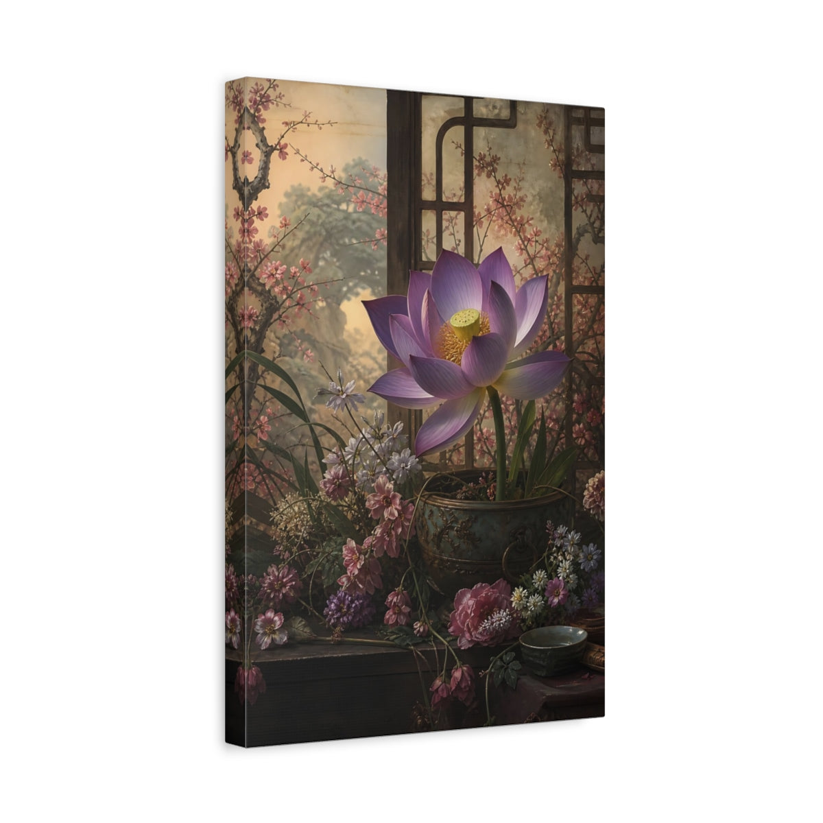 Side Mockup 4. Floral Lotus Flower Purple Lotus shown as stretched canvas wall art