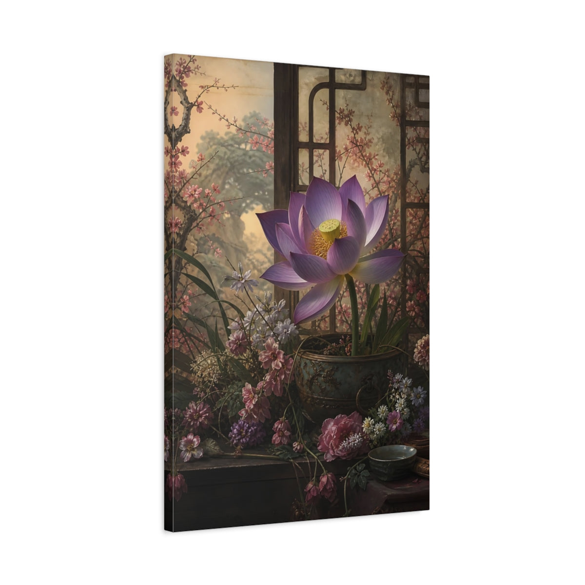 Side Mockup 2. Floral Lotus Flower Purple Lotus shown as stretched canvas wall art
