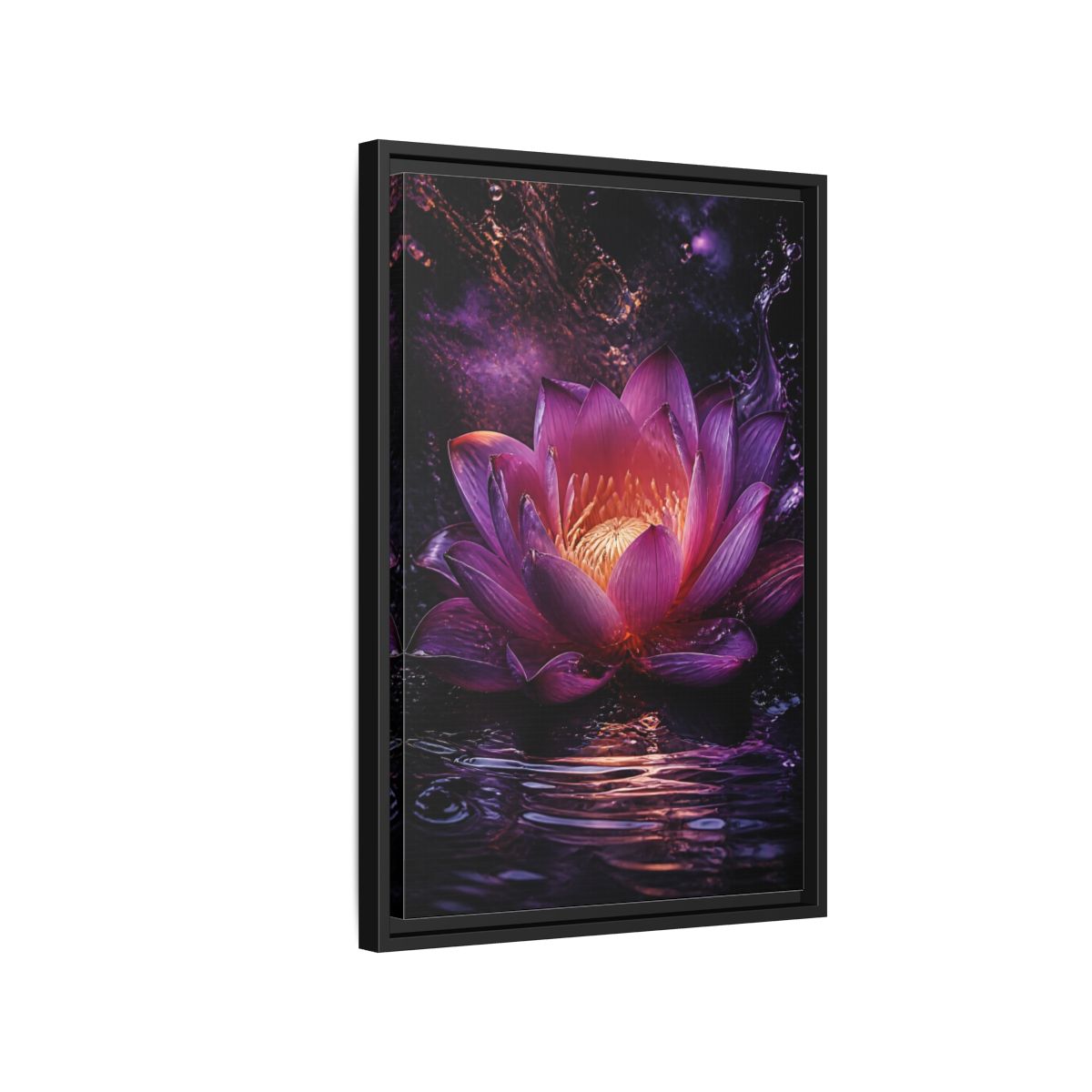Side Mockup 3. Floral Lotus Flower Purple Lotus shown as stretched canvas wall art