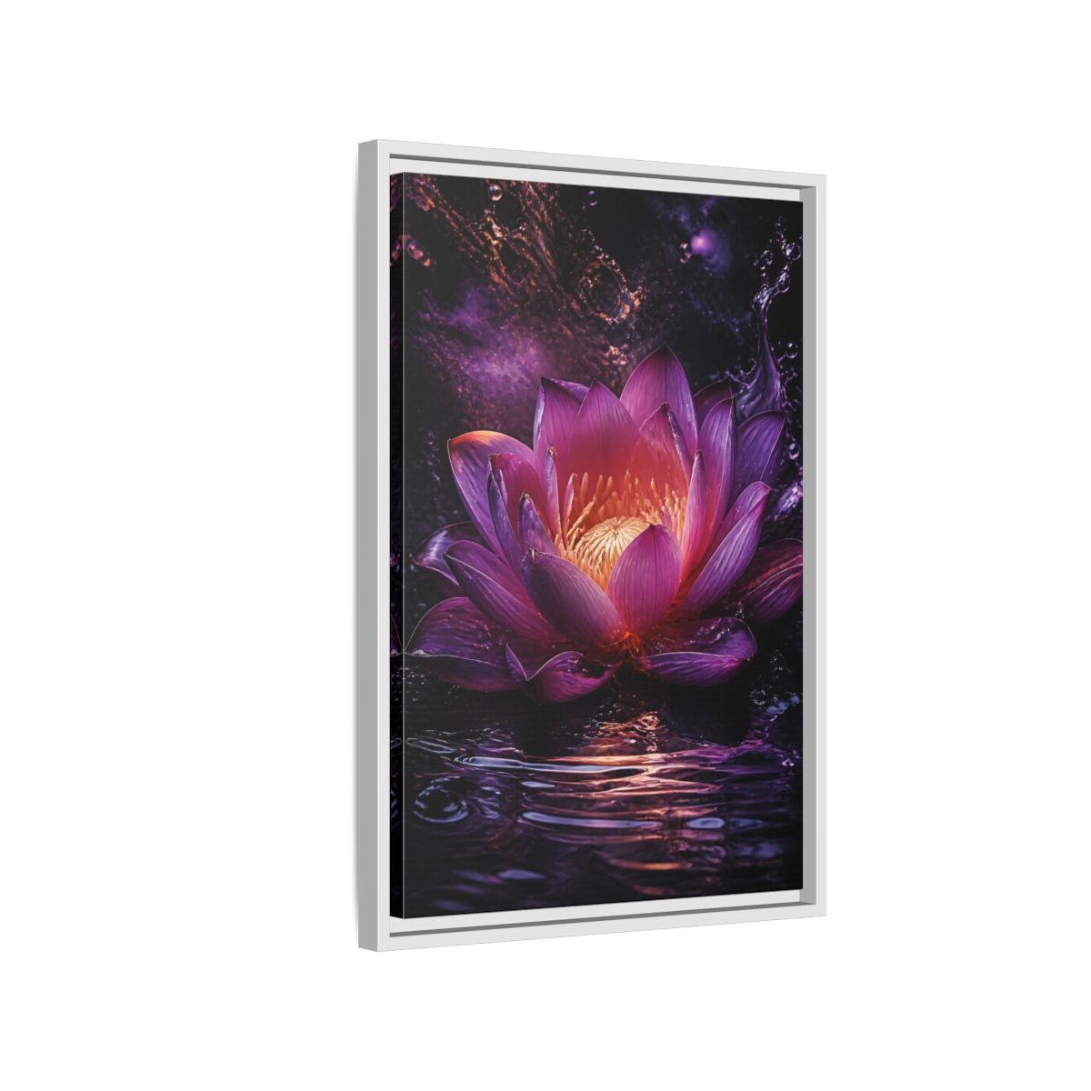 Side Mockup 1. Floral Lotus Flower Purple Lotus shown as stretched canvas wall art