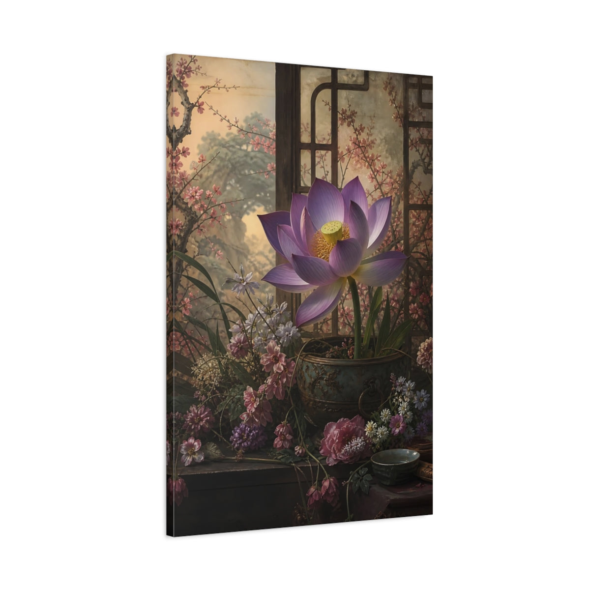 Main Mockup. Floral Lotus Flower Purple Lotus shown as stretched canvas wall art