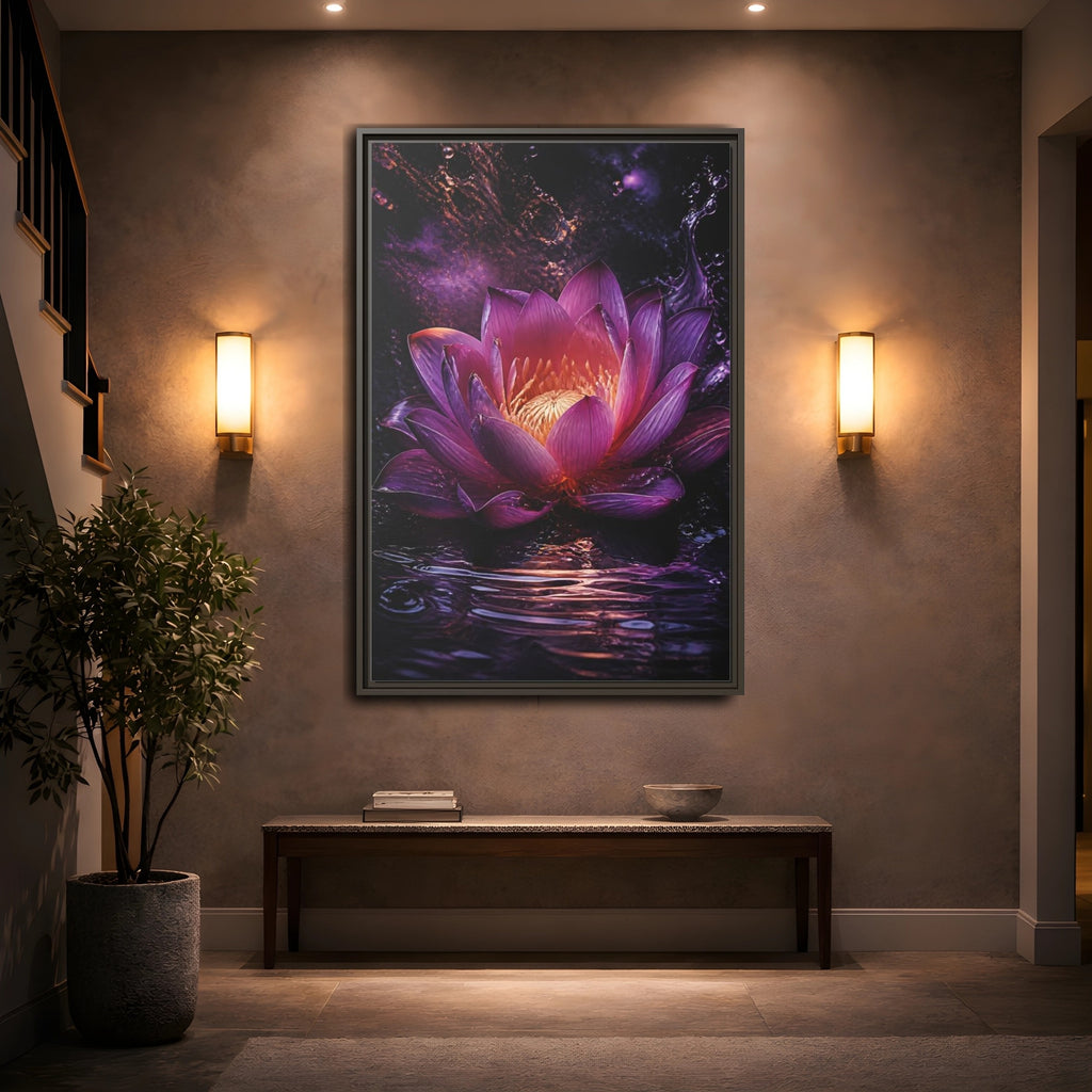 Mockup 2. Floral Lotus Flower Purple Lotus shown as stretched canvas wall art