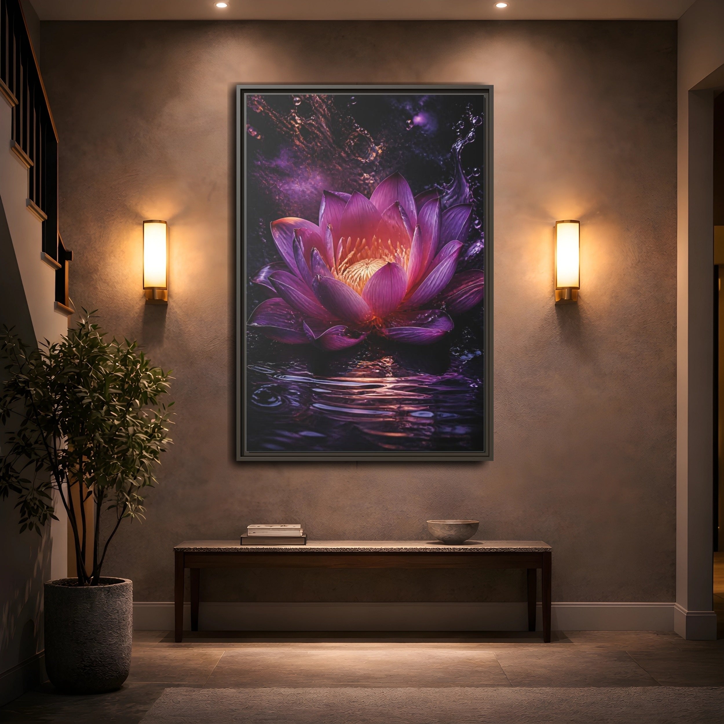 Mockup 2. Floral Lotus Flower Purple Lotus shown as stretched canvas wall art