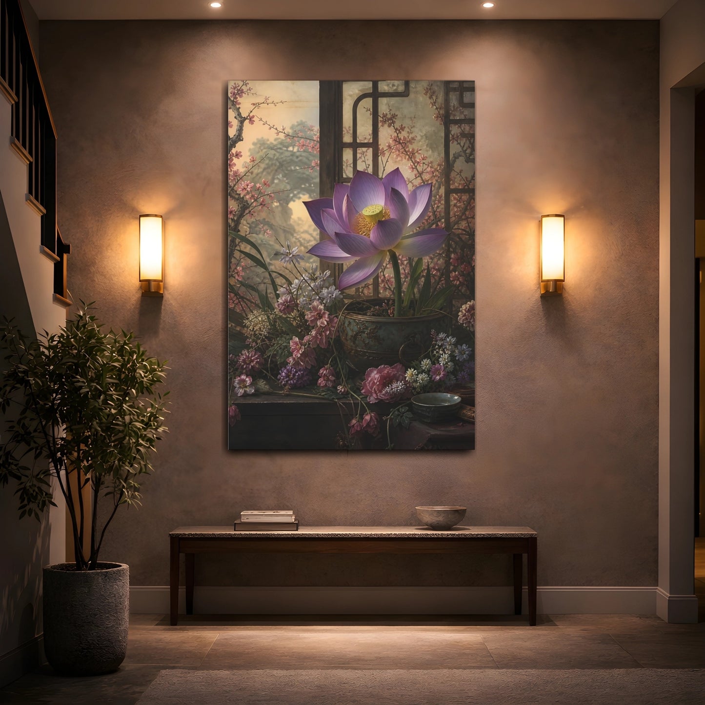 Mockup 2. Floral Lotus Flower Purple Lotus shown as stretched canvas wall art