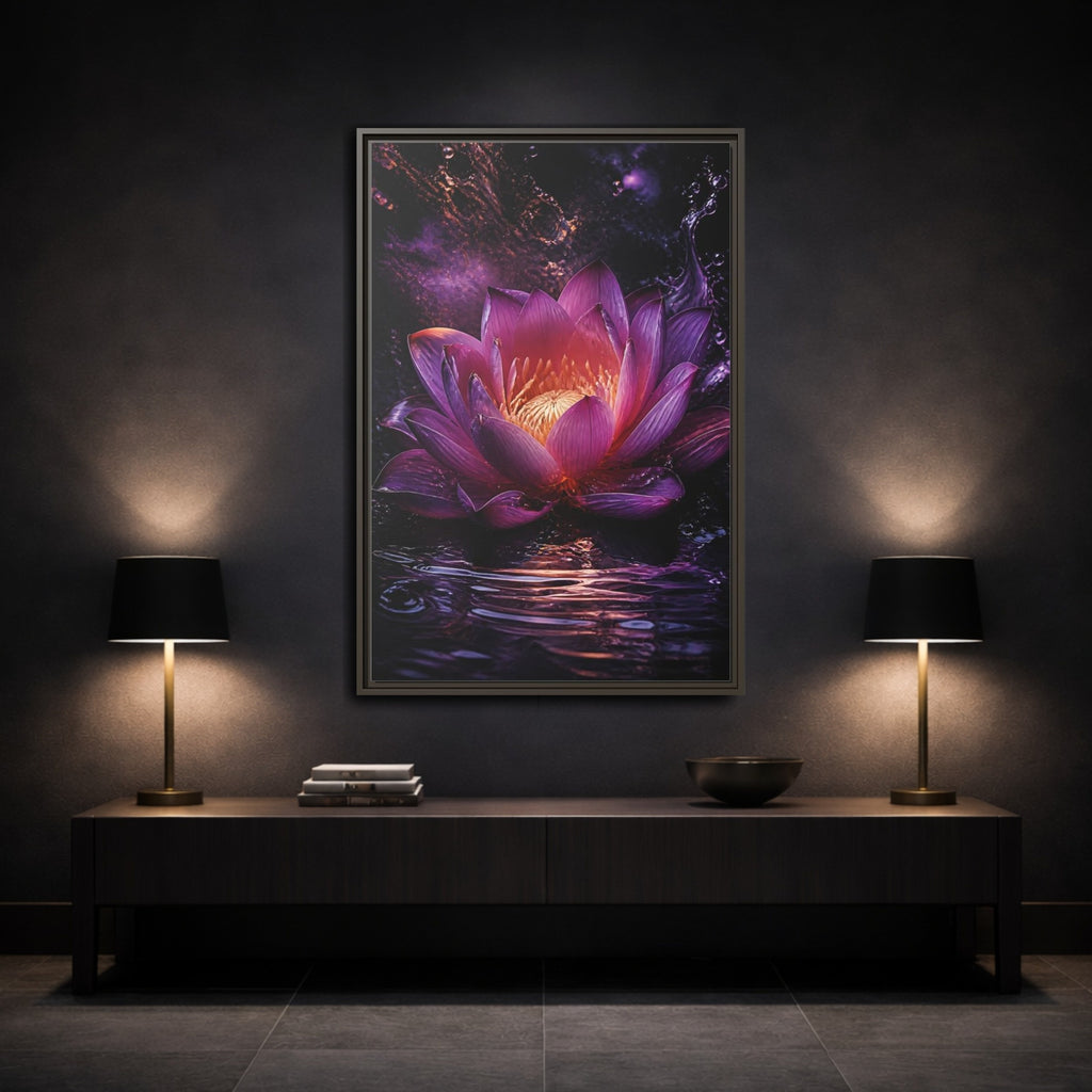 Mockup 3. Floral Lotus Flower Purple Lotus shown as stretched canvas wall art