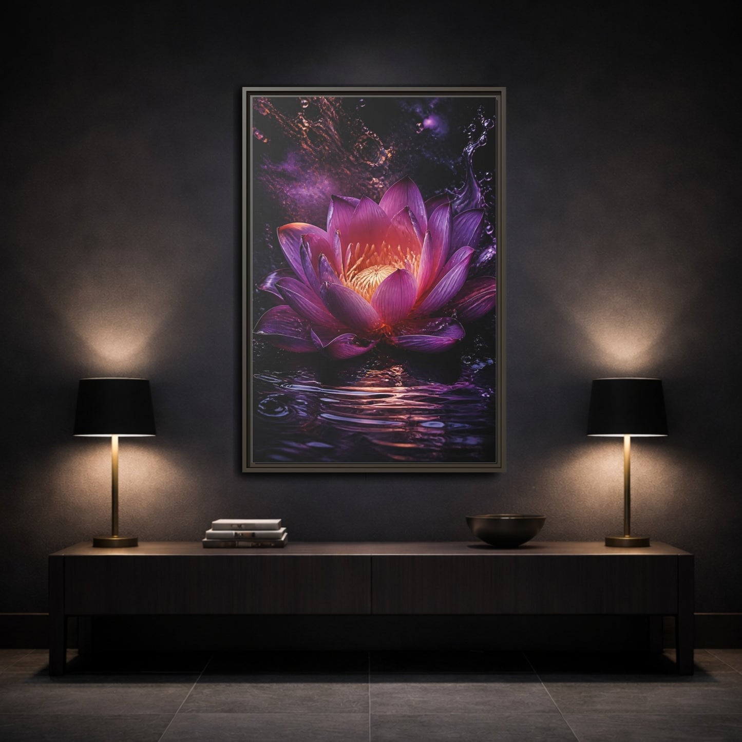 Mockup 3. Floral Lotus Flower Purple Lotus shown as stretched canvas wall art