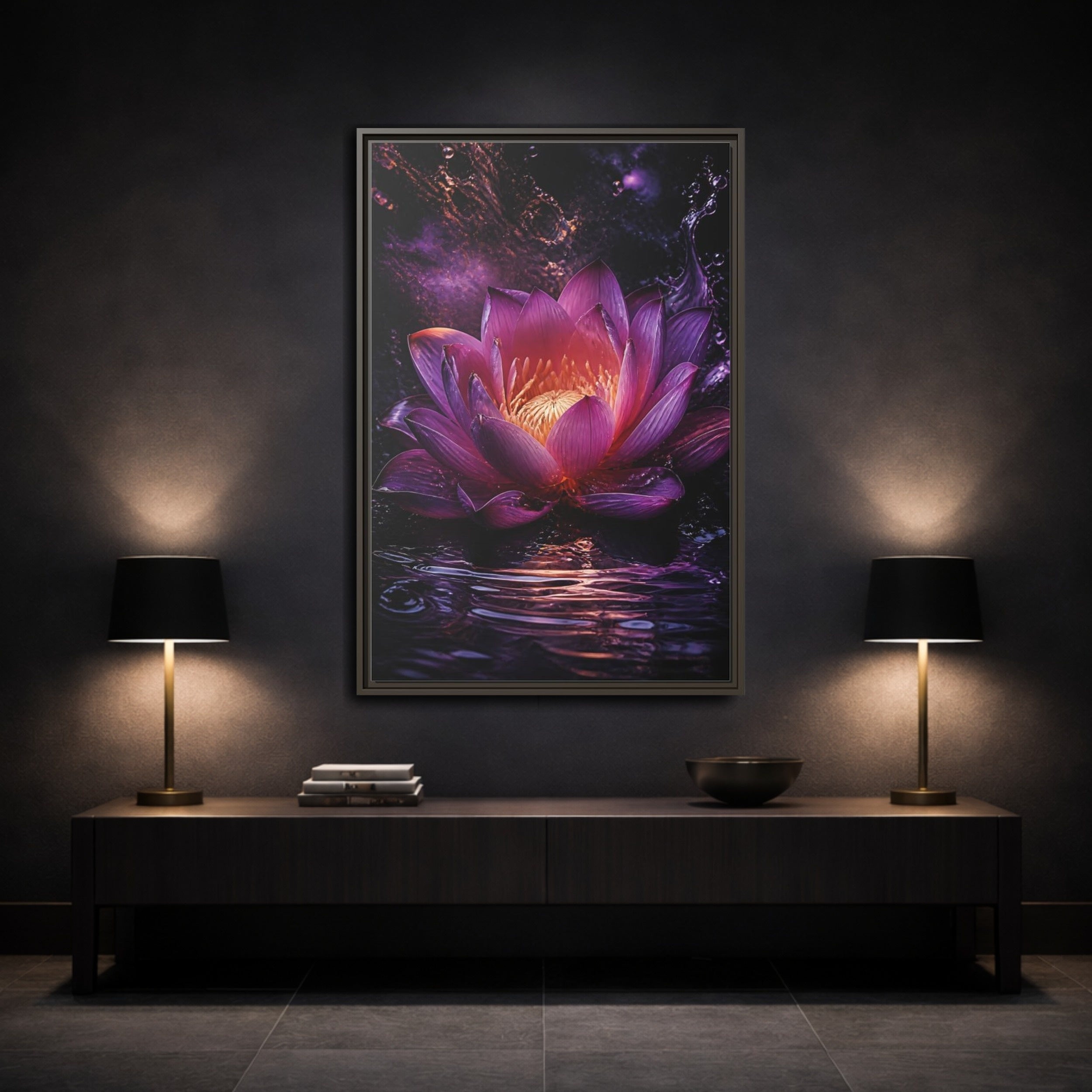 Mockup 3. Floral Lotus Flower Purple Lotus shown as stretched canvas wall art