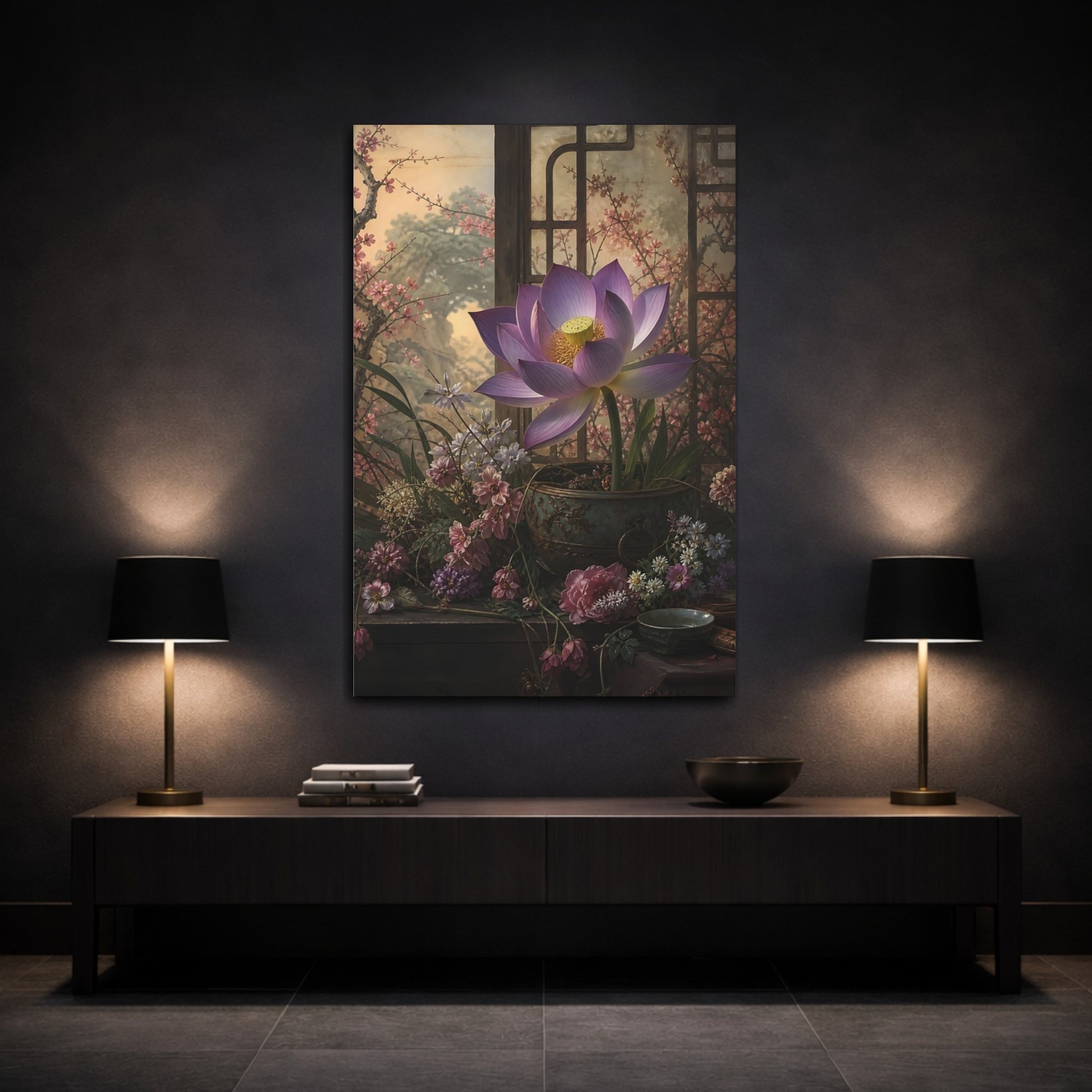 Mockup 3. Floral Lotus Flower Purple Lotus shown as stretched canvas wall art