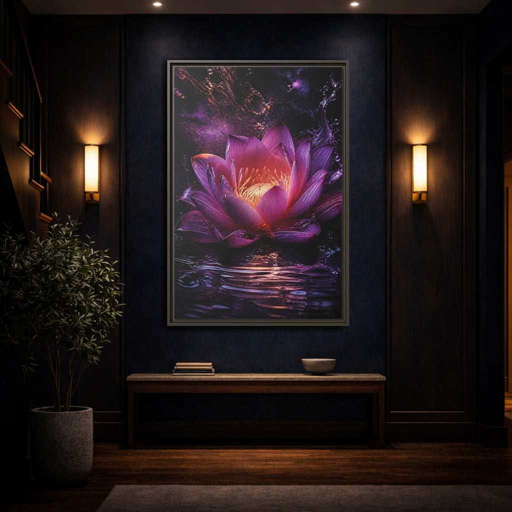Mockup 4. Floral Lotus Flower Purple Lotus shown as stretched canvas wall art
