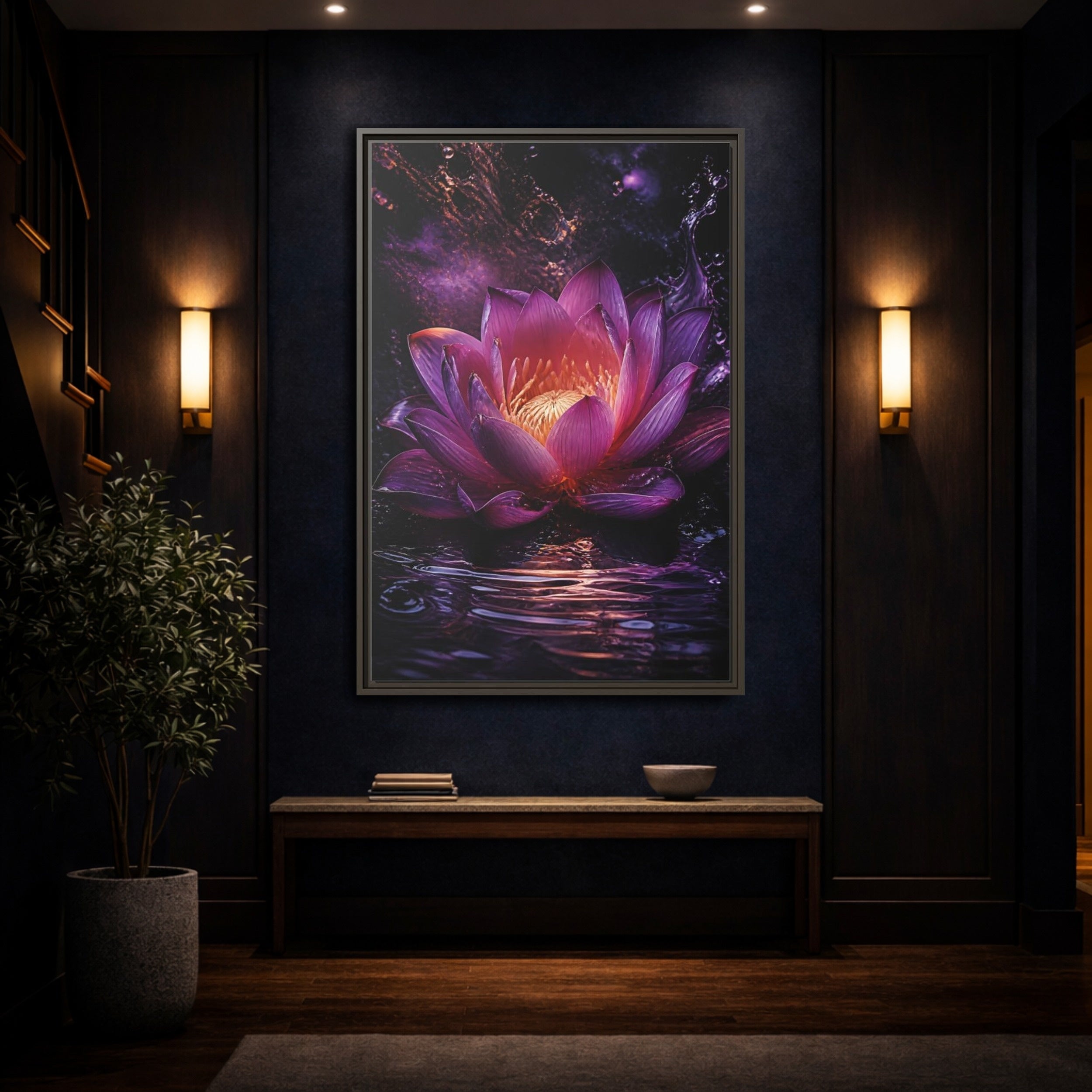 Mockup 4. Floral Lotus Flower Purple Lotus shown as stretched canvas wall art