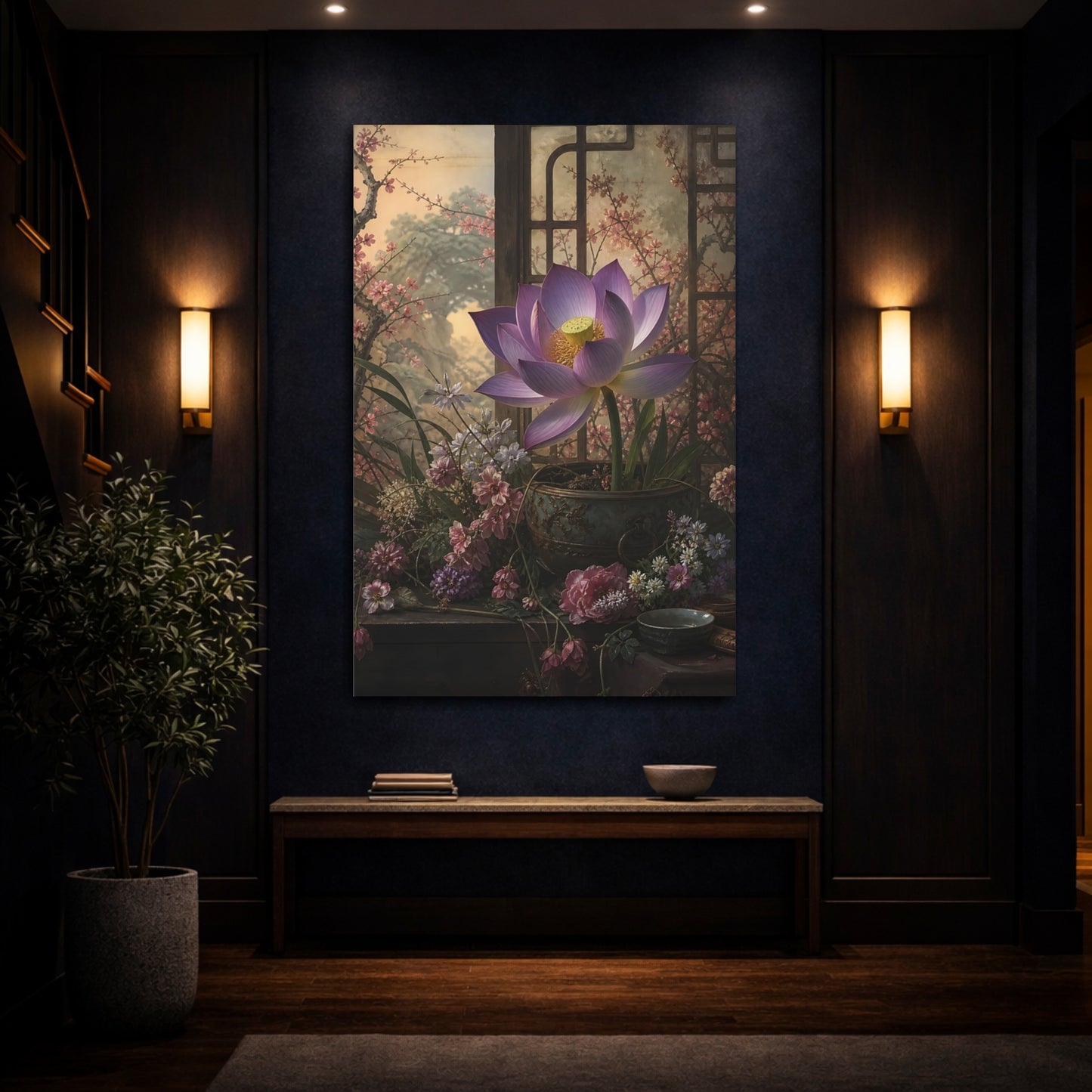 Mockup 4. Floral Lotus Flower Purple Lotus shown as stretched canvas wall art