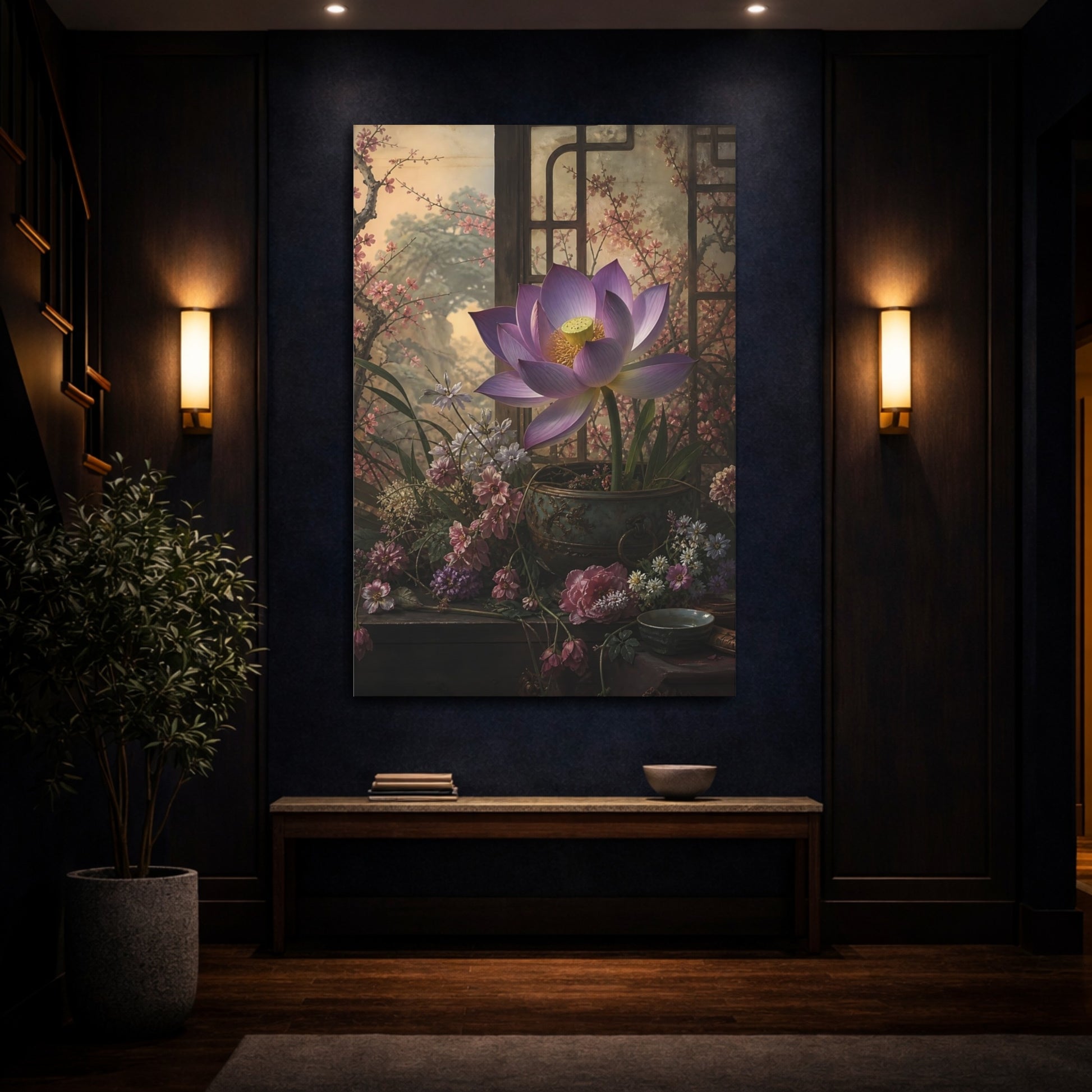 Mockup 4. Floral Lotus Flower Purple Lotus shown as stretched canvas wall art