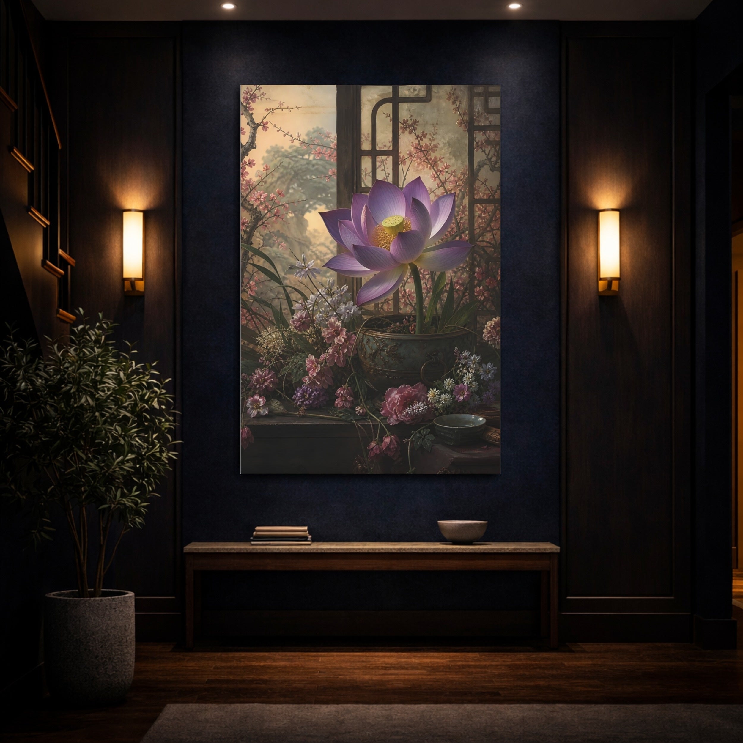Mockup 4. Floral Lotus Flower Purple Lotus shown as stretched canvas wall art