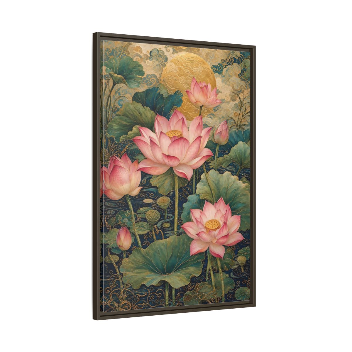 Main Mockup. Floral Lotus Flowers Pink And Gold shown as stretched canvas wall art