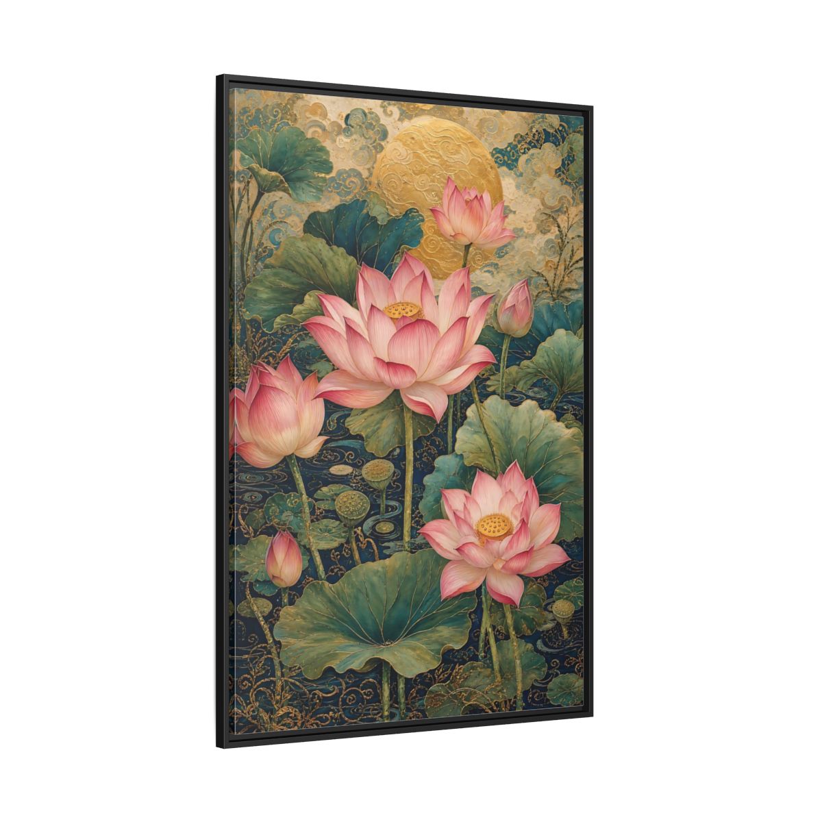 Side Mockup 12. Floral Lotus Flowers Pink And Gold shown as stretched canvas wall art