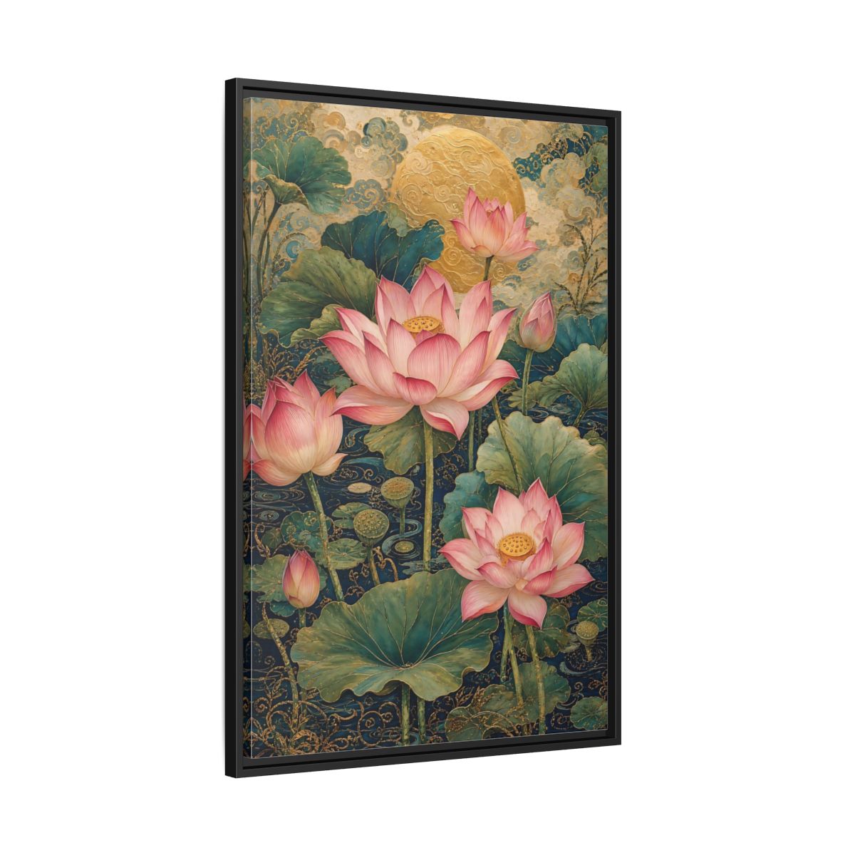 Side Mockup 13. Floral Lotus Flowers Pink And Gold shown as stretched canvas wall art
