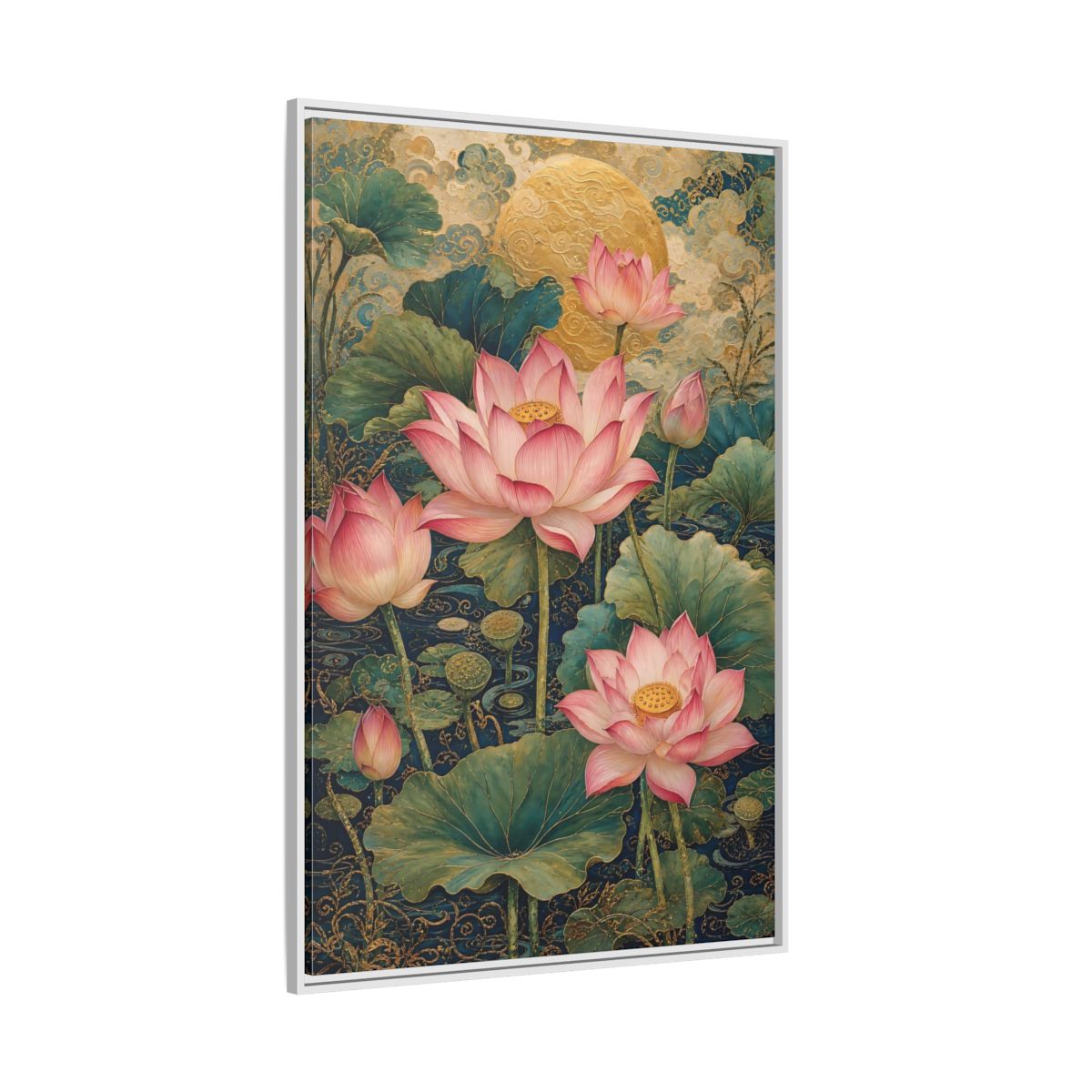 Side Mockup 7. Floral Lotus Flowers Pink And Gold shown as stretched canvas wall art