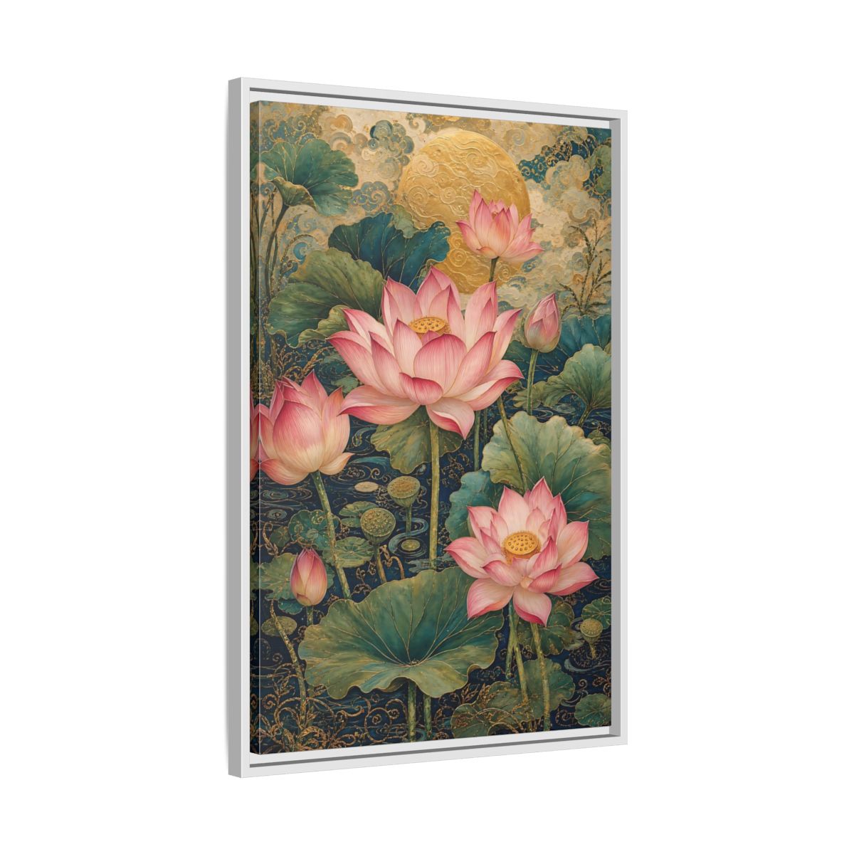 Side Mockup 10. Floral Lotus Flowers Pink And Gold shown as stretched canvas wall art