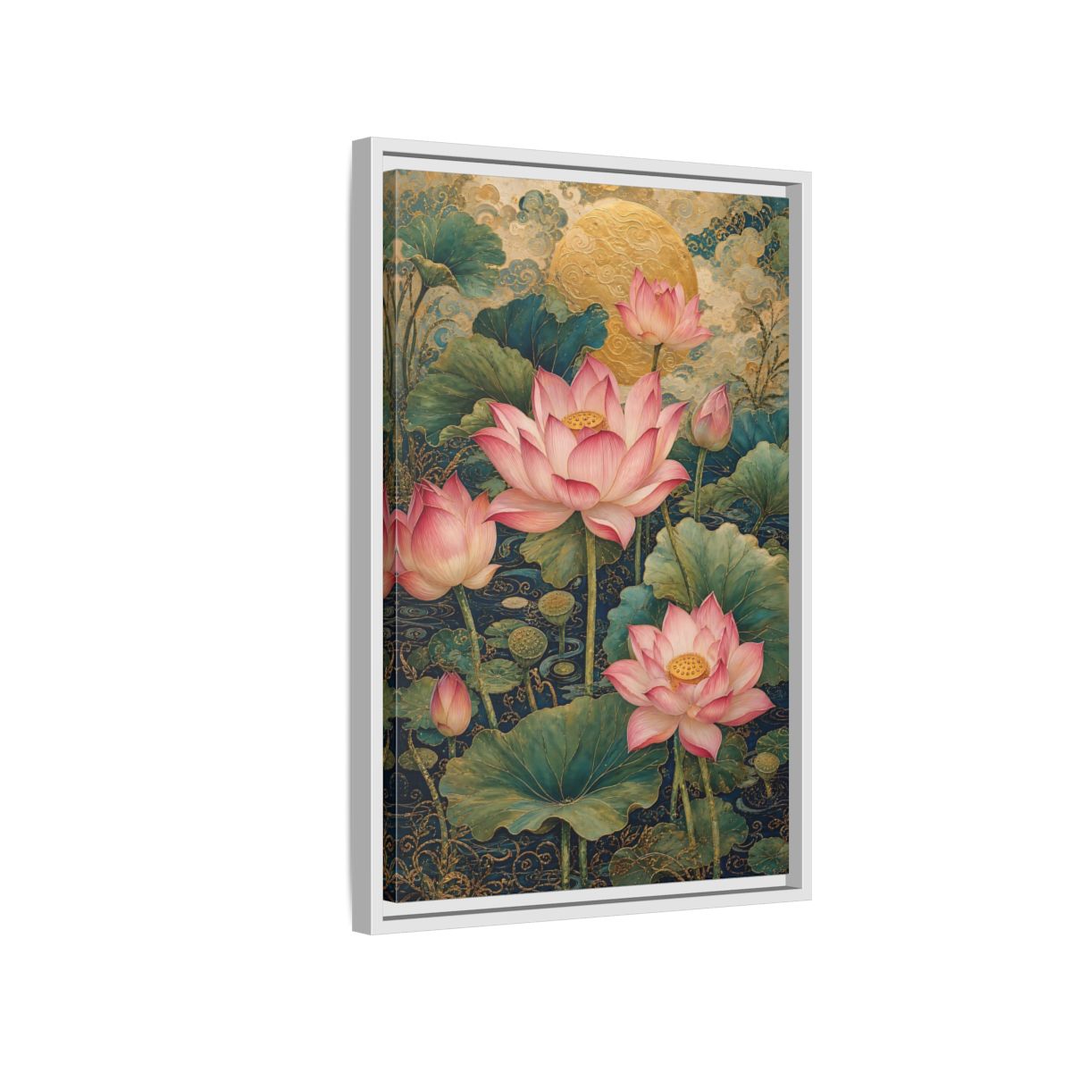 Side Mockup 1. Floral Lotus Flowers Pink And Gold shown as stretched canvas wall art