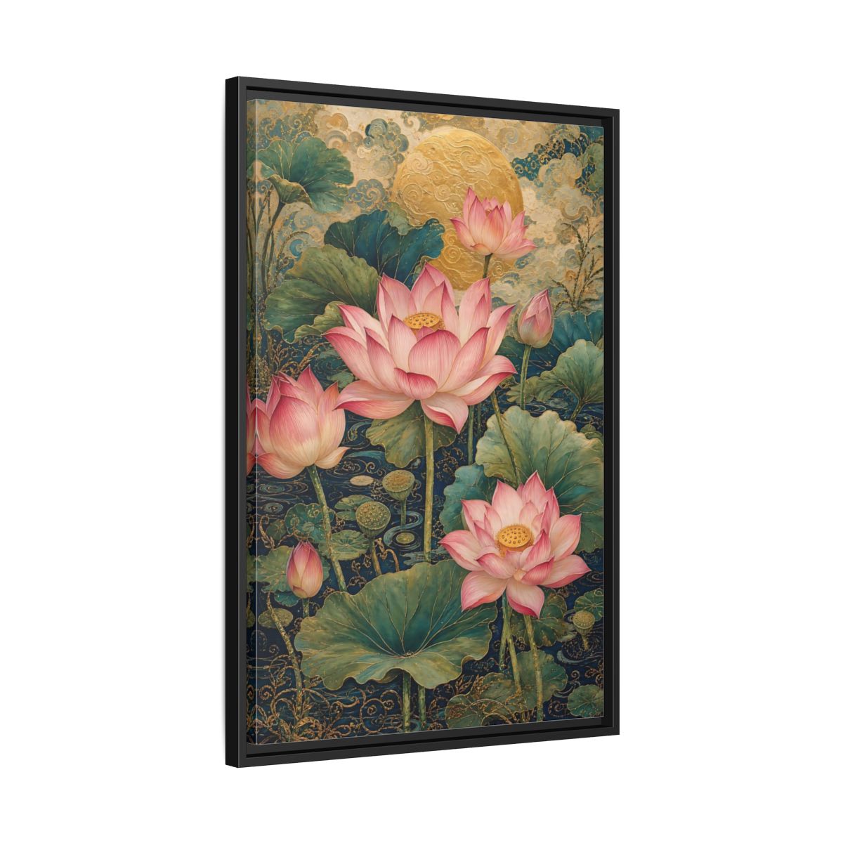 Side Mockup 14. Floral Lotus Flowers Pink And Gold shown as stretched canvas wall art