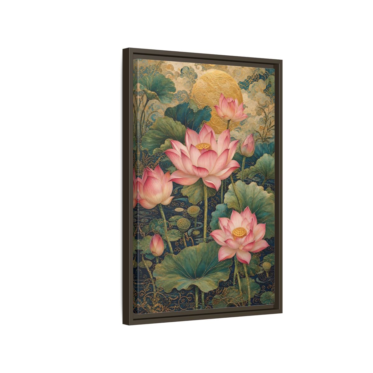 Side Mockup 2. Floral Lotus Flowers Pink And Gold shown as stretched canvas wall art