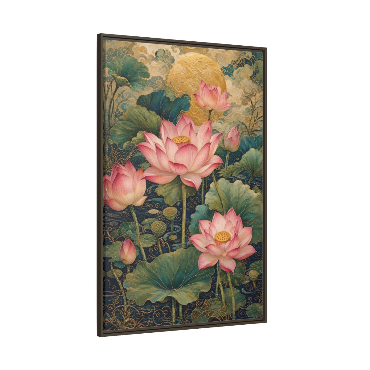 Side Mockup 8. Floral Lotus Flowers Pink And Gold shown as stretched canvas wall art