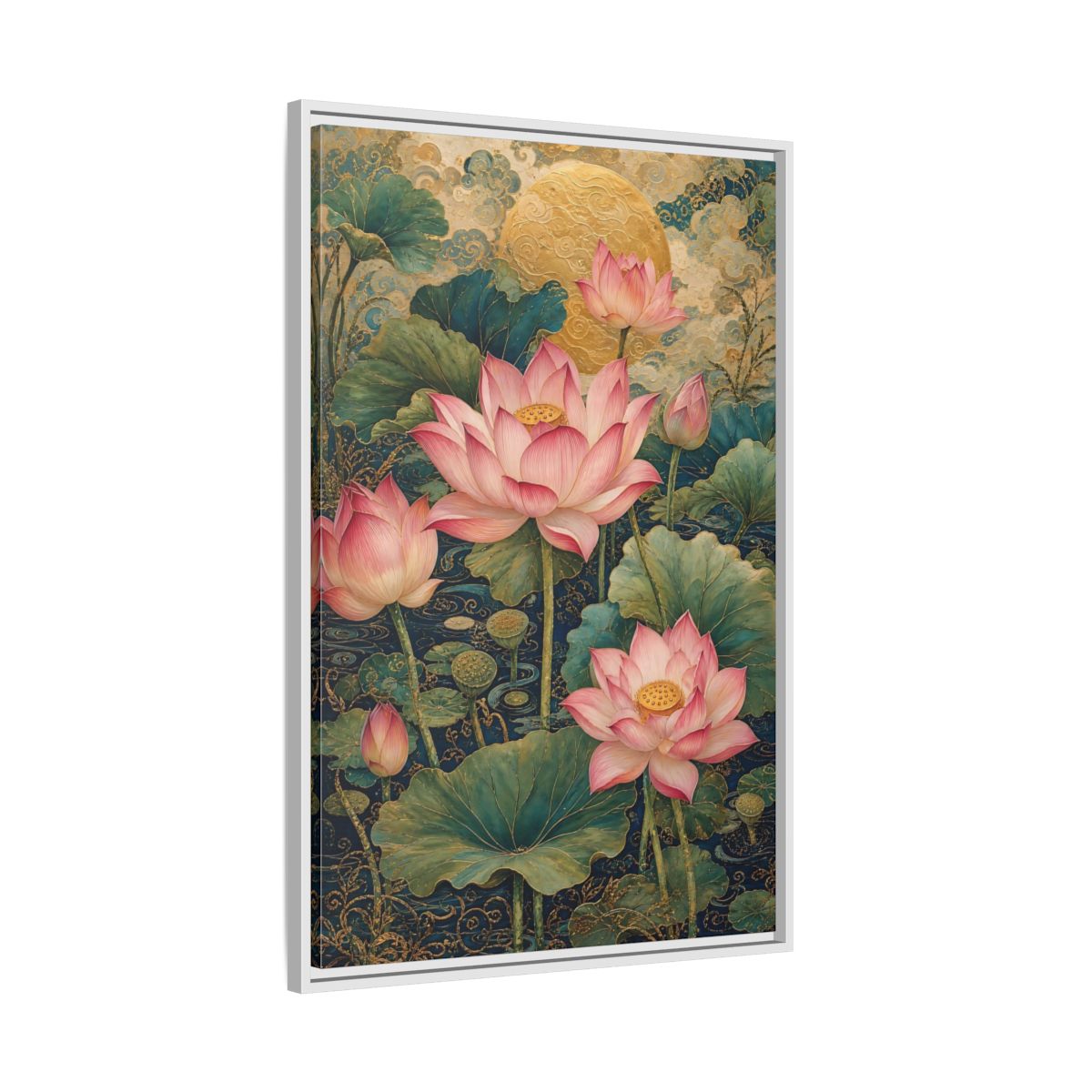 Side Mockup 9. Floral Lotus Flowers Pink And Gold shown as stretched canvas wall art