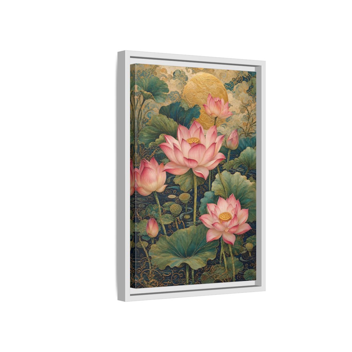 Side Mockup 4. Floral Lotus Flowers Pink And Gold shown as stretched canvas wall art
