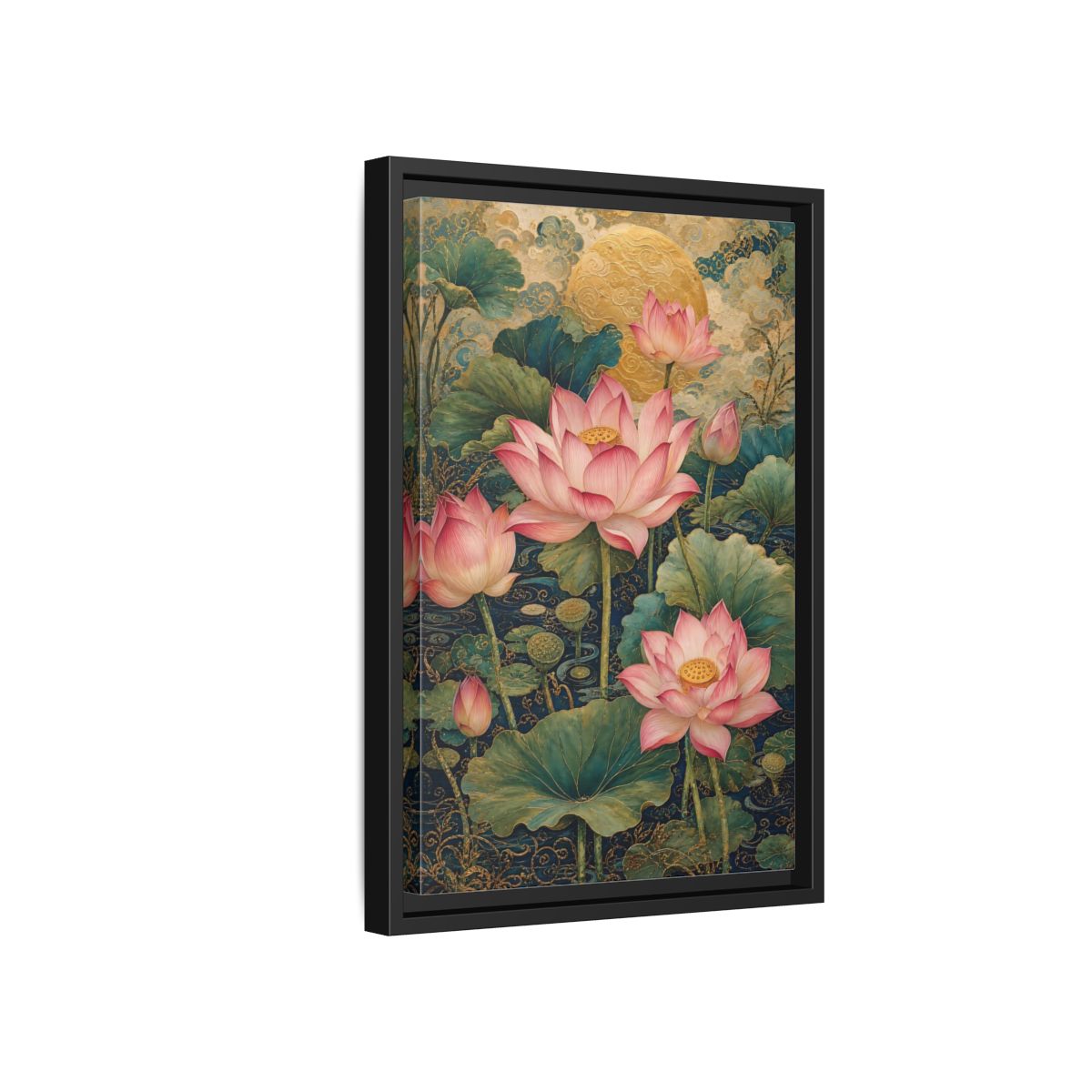 Side Mockup 6. Floral Lotus Flowers Pink And Gold shown as stretched canvas wall art