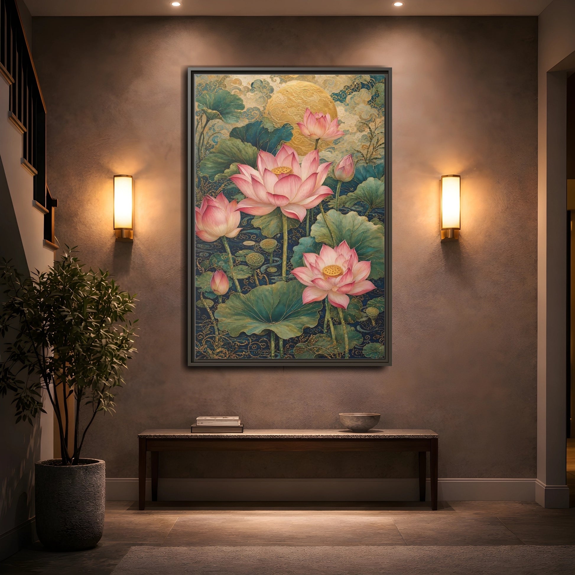 Mockup 2. Floral Lotus Flowers Pink And Gold shown as stretched canvas wall art