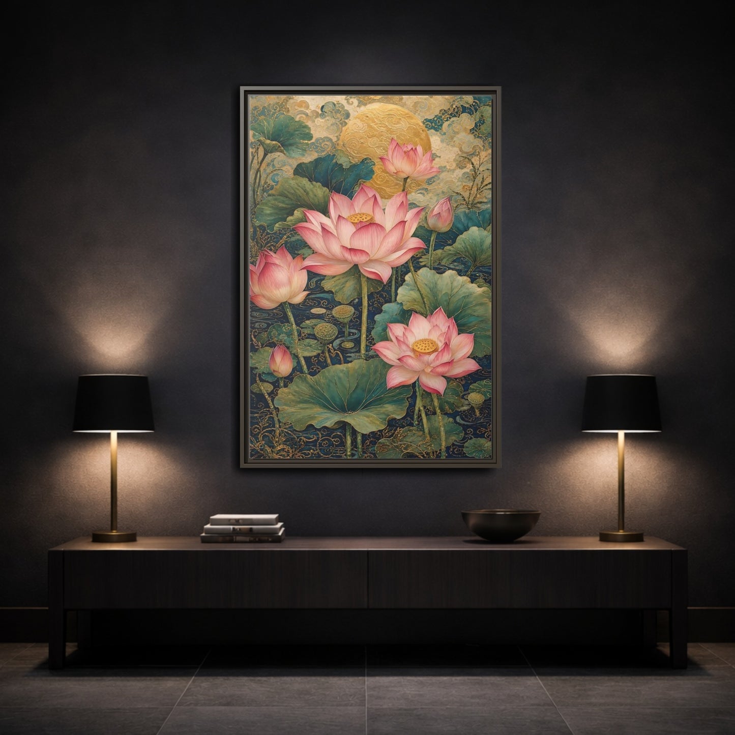 Mockup 3. Floral Lotus Flowers Pink And Gold shown as stretched canvas wall art
