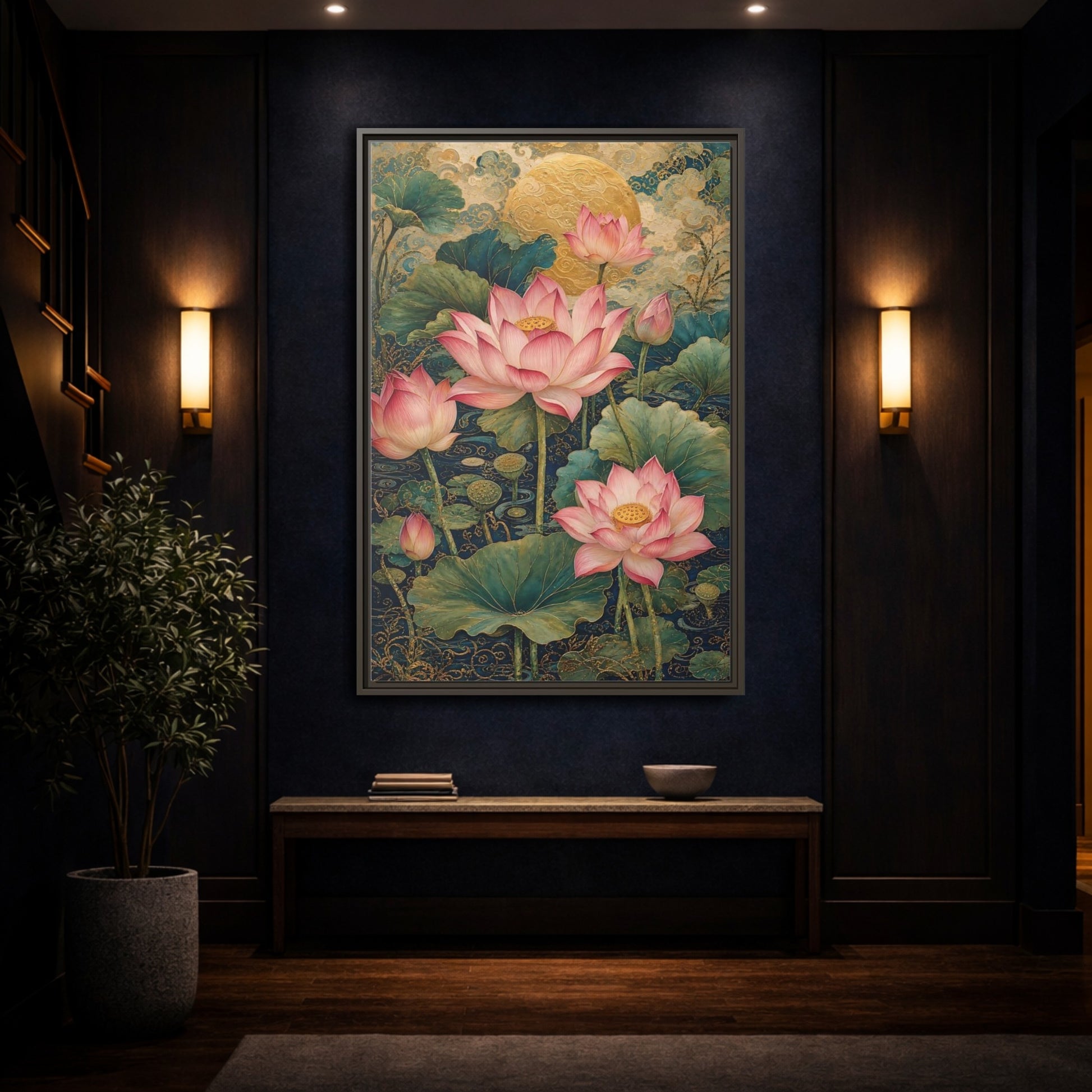 Mockup 4. Floral Lotus Flowers Pink And Gold shown as stretched canvas wall art