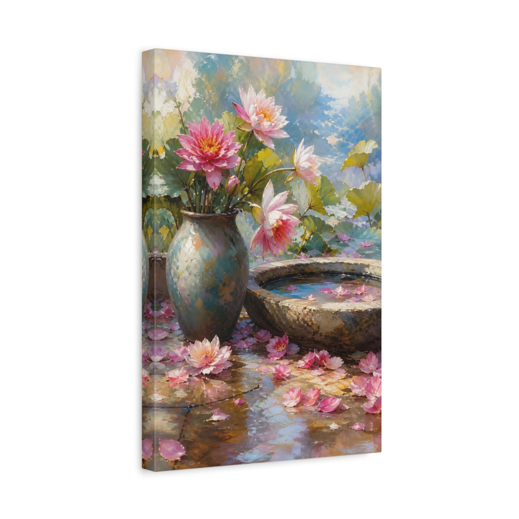 Side Mockup 4. Floral Lotus Flowers Pink Lotus shown as stretched canvas wall art