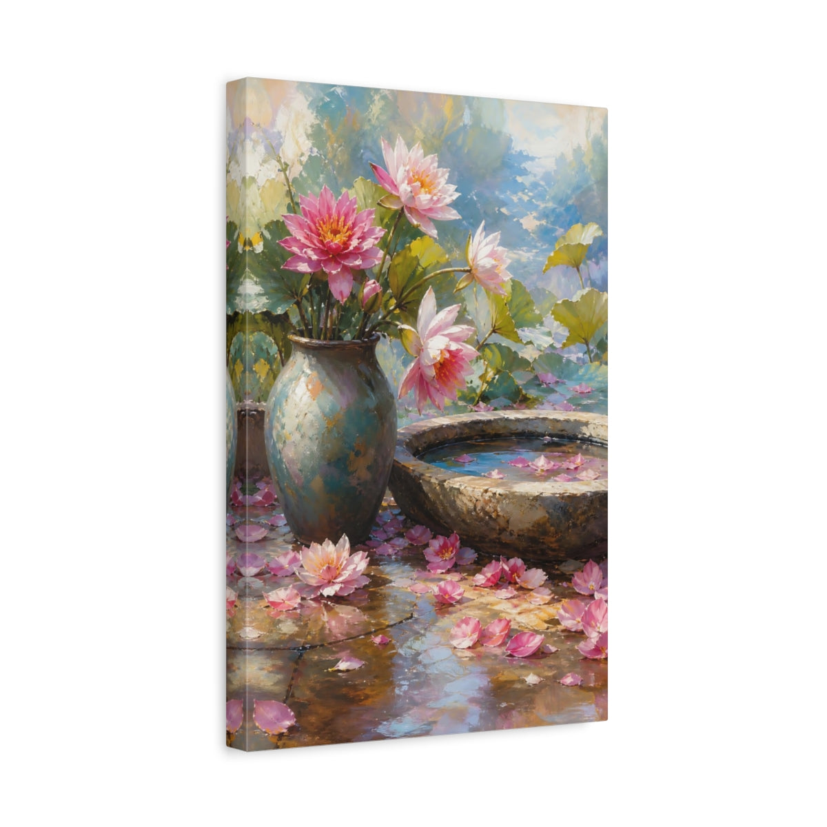 Side Mockup 4. Floral Lotus Flowers Pink Lotus shown as stretched canvas wall art