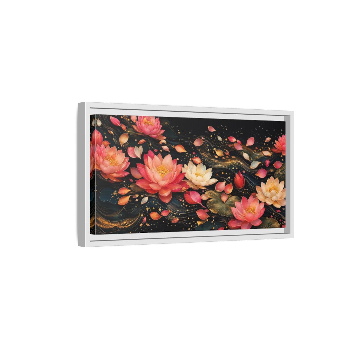 Side Mockup 6. Floral Lotus Flowers Pink Lotus Gold shown as stretched canvas wall art
