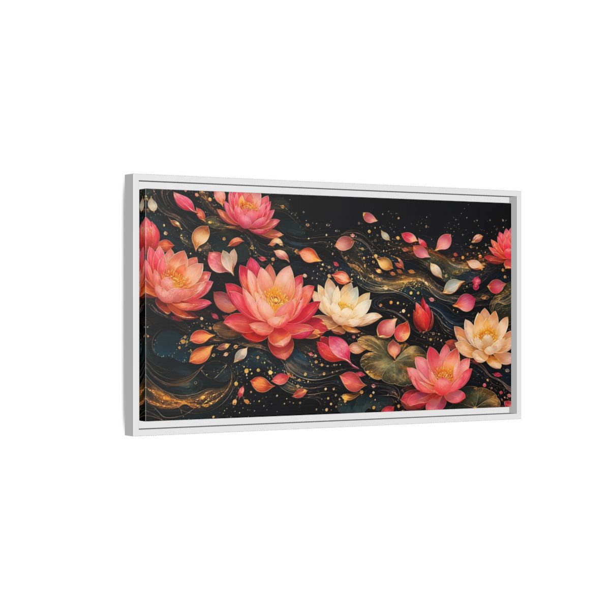 Side Mockup 1. Floral Lotus Flowers Pink Lotus Gold shown as stretched canvas wall art