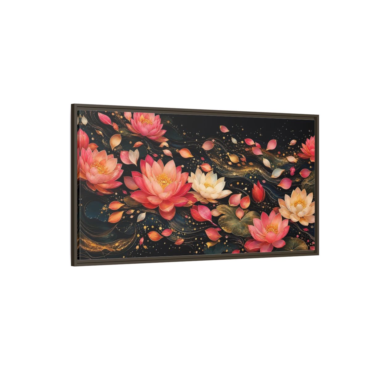Side Mockup 4. Floral Lotus Flowers Pink Lotus Gold shown as stretched canvas wall art