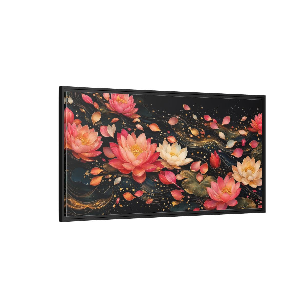 Side Mockup 5. Floral Lotus Flowers Pink Lotus Gold shown as stretched canvas wall art