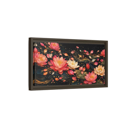 Side Mockup 7. Floral Lotus Flowers Pink Lotus Gold shown as stretched canvas wall art