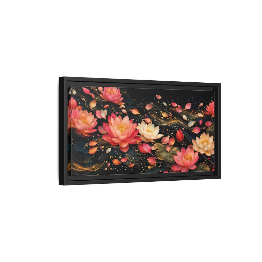 Side Mockup 8. Floral Lotus Flowers Pink Lotus Gold shown as stretched canvas wall art
