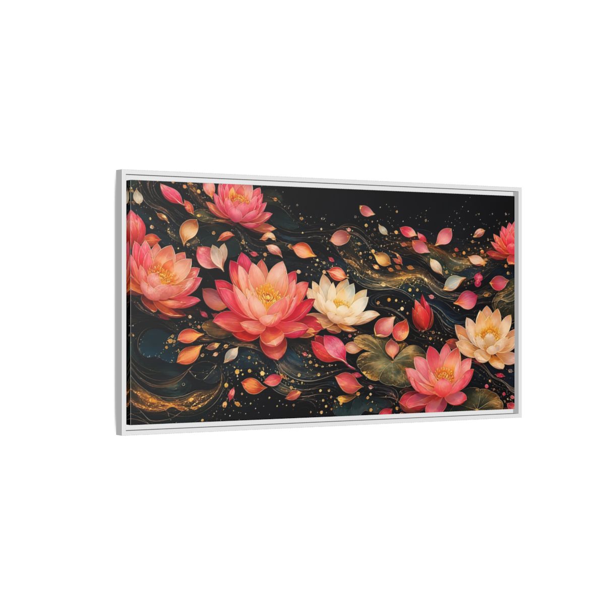 Side Mockup 3. Floral Lotus Flowers Pink Lotus Gold shown as stretched canvas wall art