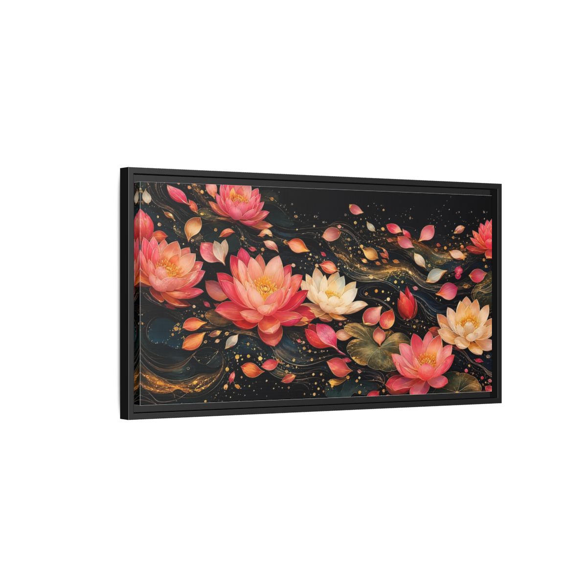 Side Mockup 2. Floral Lotus Flowers Pink Lotus Gold shown as stretched canvas wall art