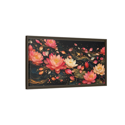 Main Mockup. Floral Lotus Flowers Pink Lotus Gold shown as stretched canvas wall art