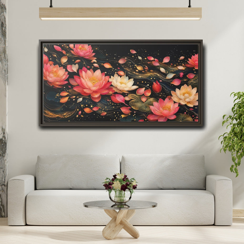 Mockup 2. Floral Lotus Flowers Pink Lotus Gold shown as stretched canvas wall art