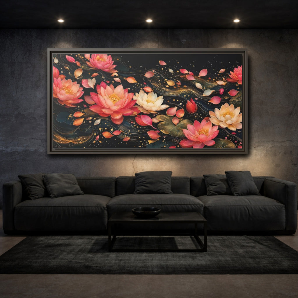 Mockup 3. Floral Lotus Flowers Pink Lotus Gold shown as stretched canvas wall art