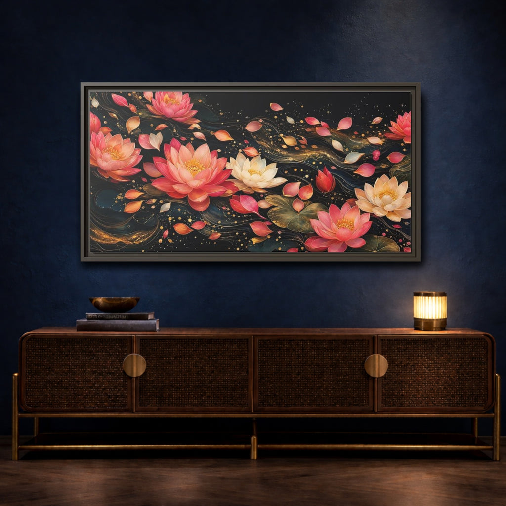 Mockup 4. Floral Lotus Flowers Pink Lotus Gold shown as stretched canvas wall art