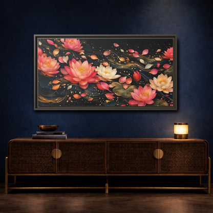 Mockup 4. Floral Lotus Flowers Pink Lotus Gold shown as stretched canvas wall art